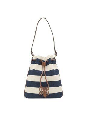 Miu Miu Handbag Drawstring Pouch Canvas Leather Navy Natural Gold Striped